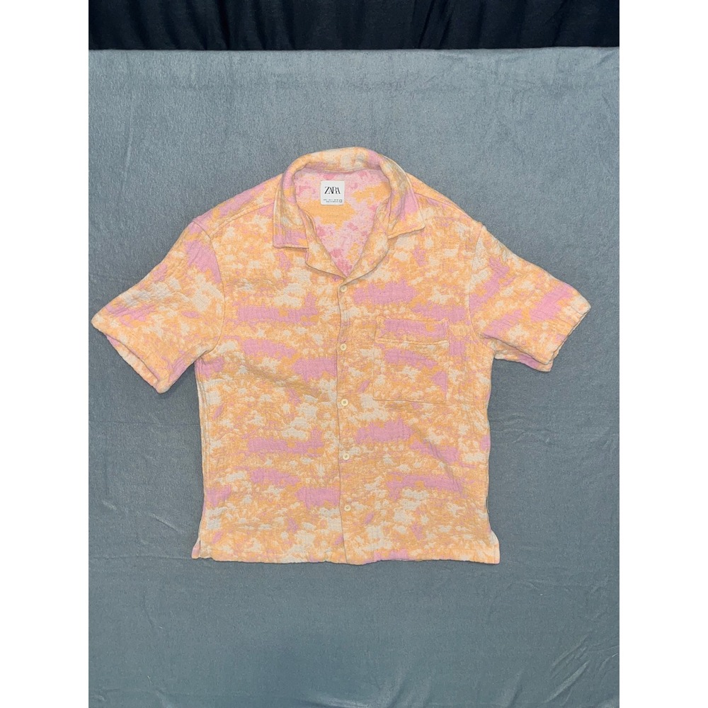 Zara Mens Large Pink Orange Abstract Terry Cloth Short Sleeve Button Up Shirt
